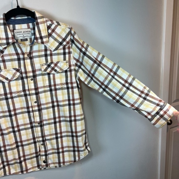 Cody James Boys Plaid Flannel Pearl Snap Shirt Beige Brown Western Pockets Large - Picture 6 of 15